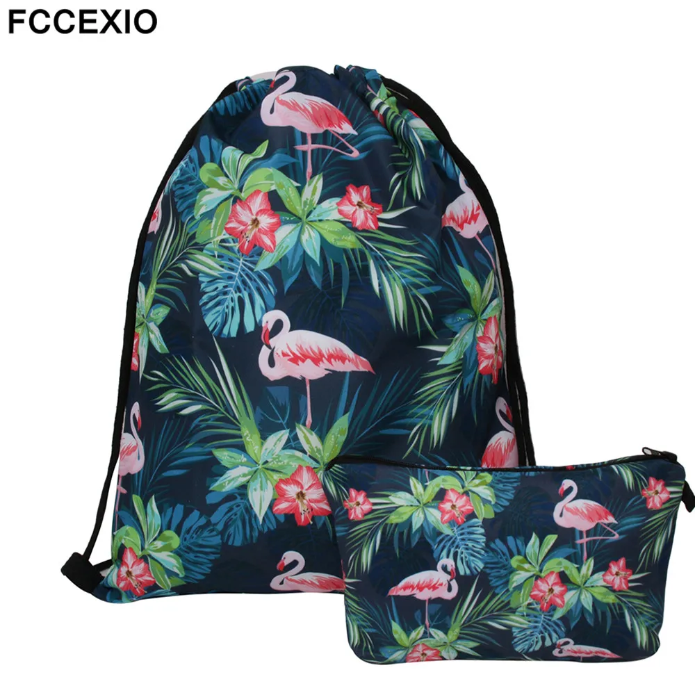 

FCCEXIO New 2PCS/Set Drawstring Bags 3D Printed Flamingo Fashion Schoolbags Travel Bag School Backpack Street Shoulder Bags