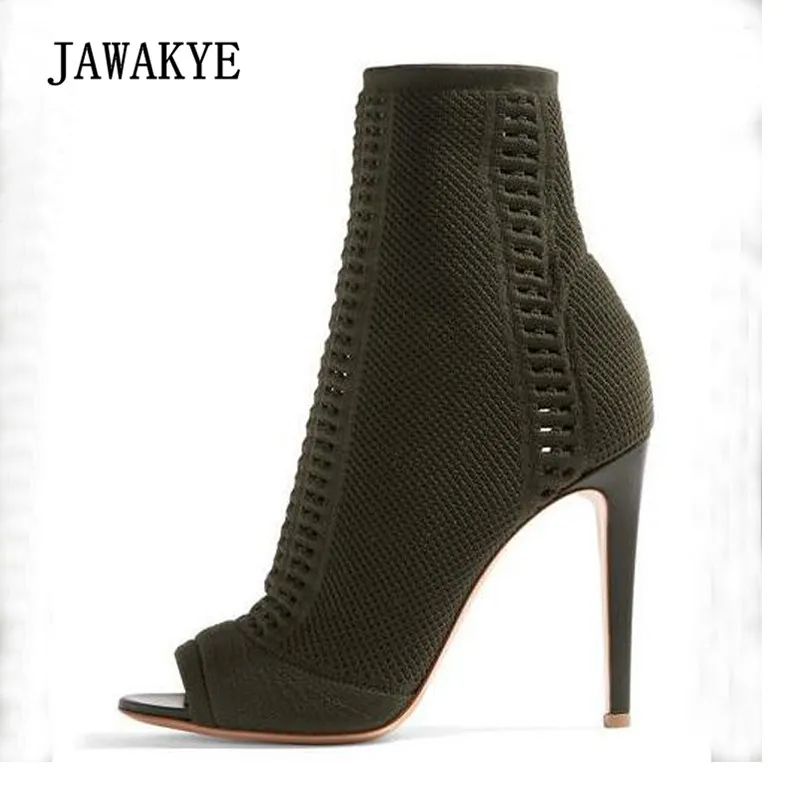 

Fashion Elastic Stretch Sock Boots Women Open Toe Knit Hollow High Heel Shoes Woman Sexy Ankle Boots Summer Zapatos mujer