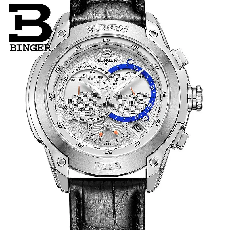 Швейцарские мужские часы люксовый бренд наручные часы Бингер кварцевые часы из натуральной кожи ремешок Хронограф Diver glowwatch B6013-4