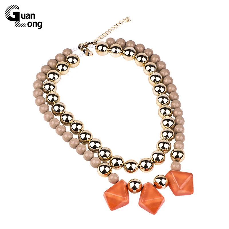 

Guanlong new hot necklace female double bead chain resin 2018 retro statement necklace pendant jewelry