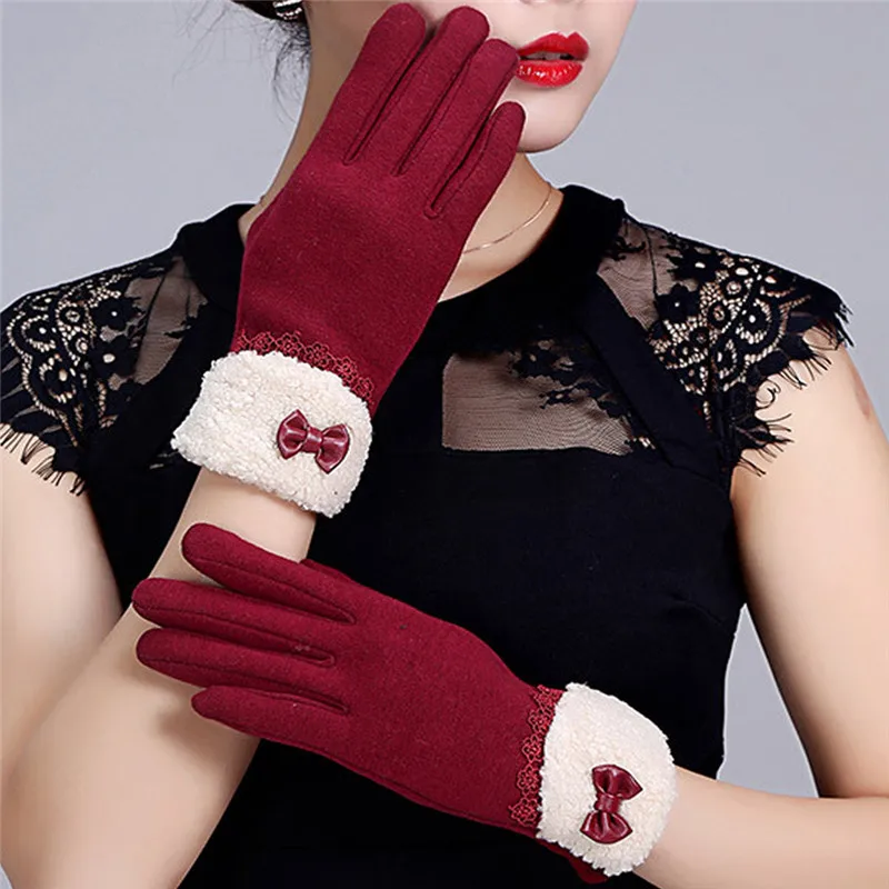 Elegant Women Heated Winter Gloves Cotton Fleece Warm Knitted Touchscreen Glove Female Full
