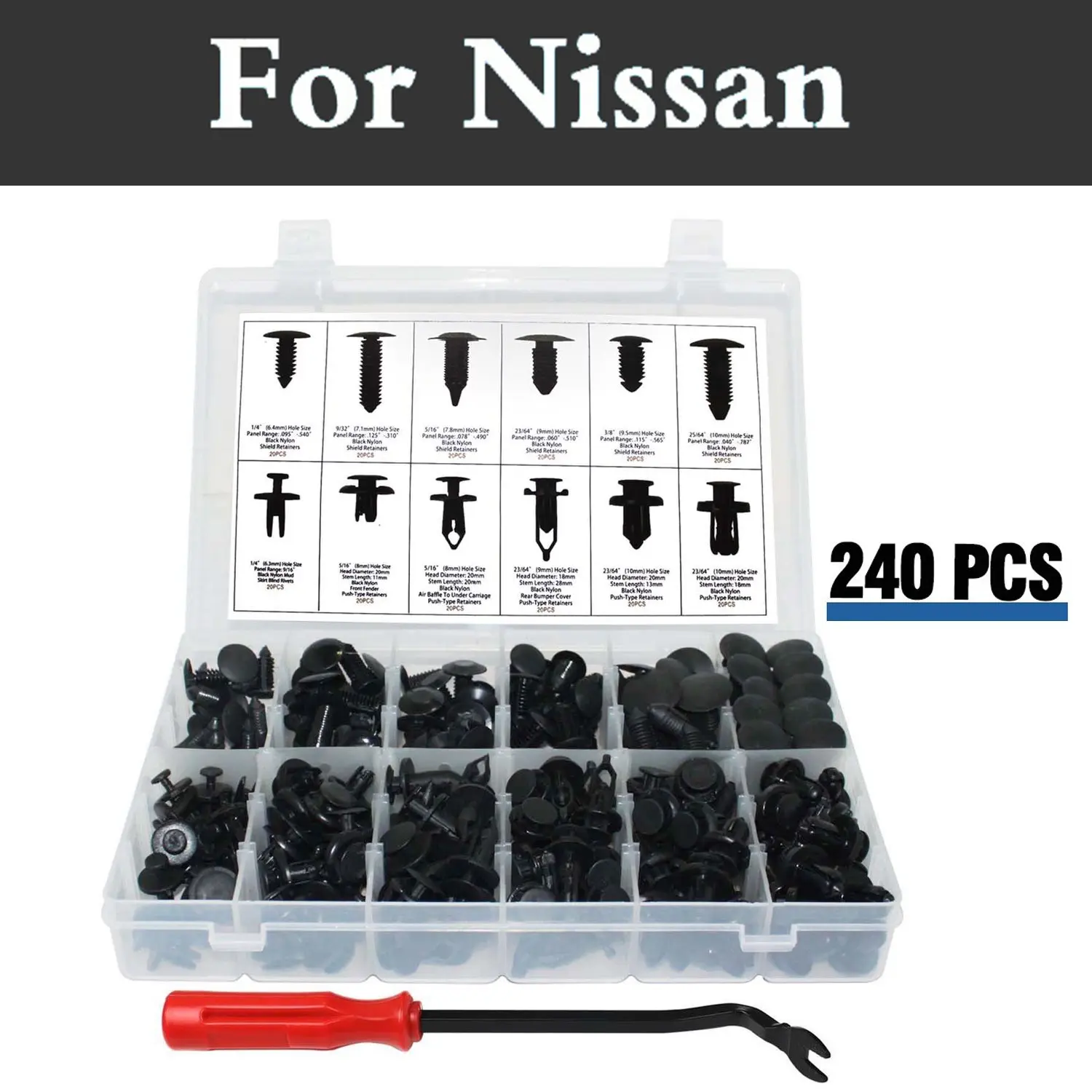 240x Push Retainer Kit,Black Nylon Clip Plastic Rivet Storage Case For