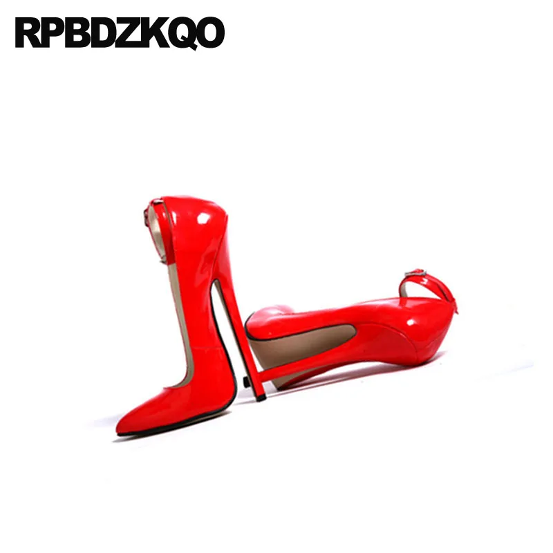 Fetish Sexy Ankle Strap Shoes Women Red High Heels 16cm Stilettos Patent Leather Crossdresser Big Size 13 45 Pumps Pointed Toe