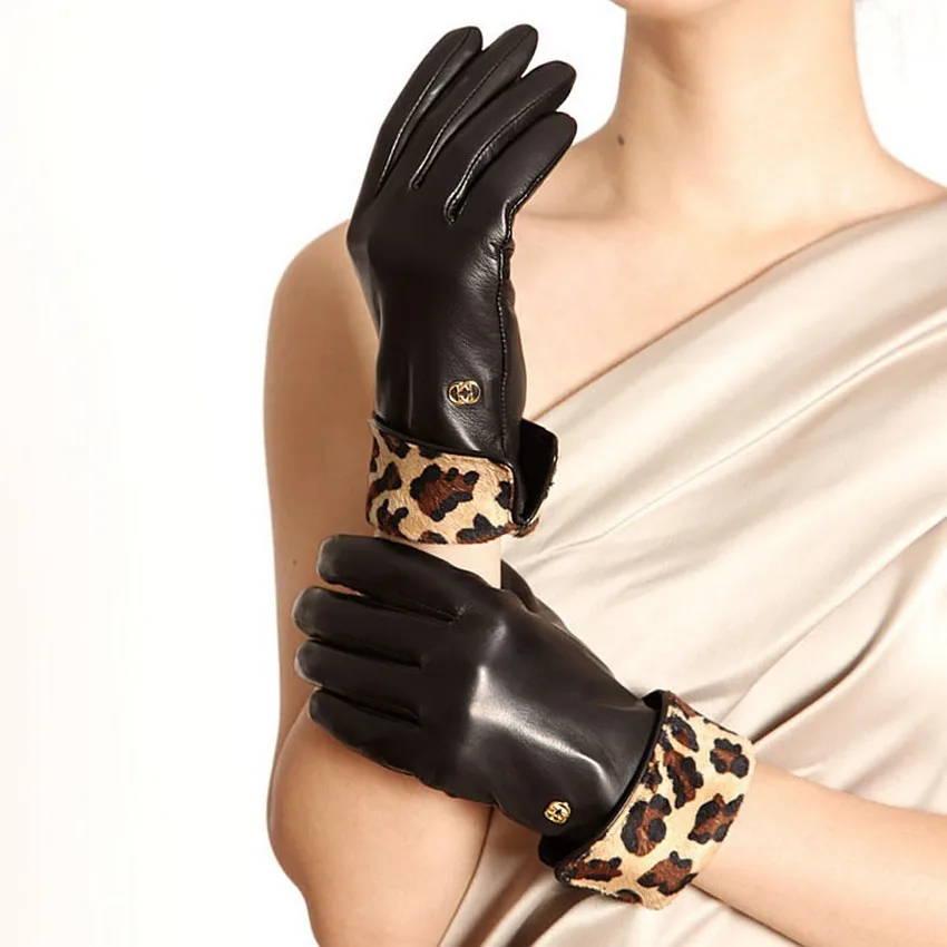 L127NC1  winter warm sheepskin gloves Sexy Leopard  women genuine leather gloves wrist winter leather driving gloves
