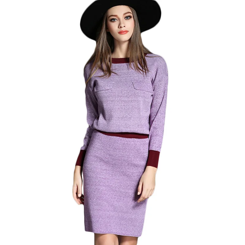 European Purple Knitted Two Piece Set Elegant Autumn ...