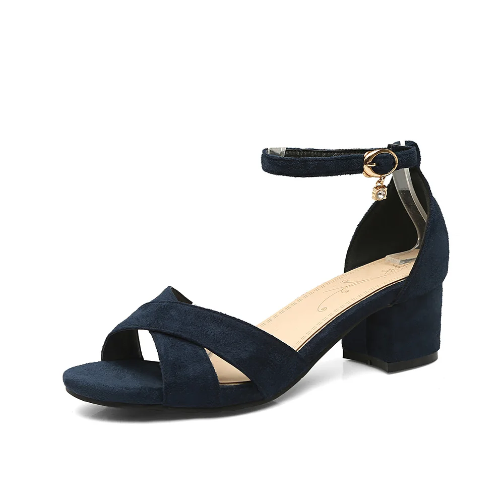 Новые брендовые летние элегантные черные и красные женские сандалии для офиса, женские модельные туфли на не сужающемся книзу массивном каблуке средней высоты, большие и маленькие размеры 10, 31, 45, 47, PS07 - Цвет: Dark Blue
