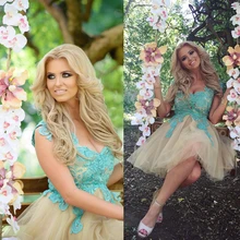 Nette Brautkleider 2016 Sky Blue Lace Champagne Eine Linie tüll Applizierte. Grade Cocktail Party Graduation kleid vestido de renda