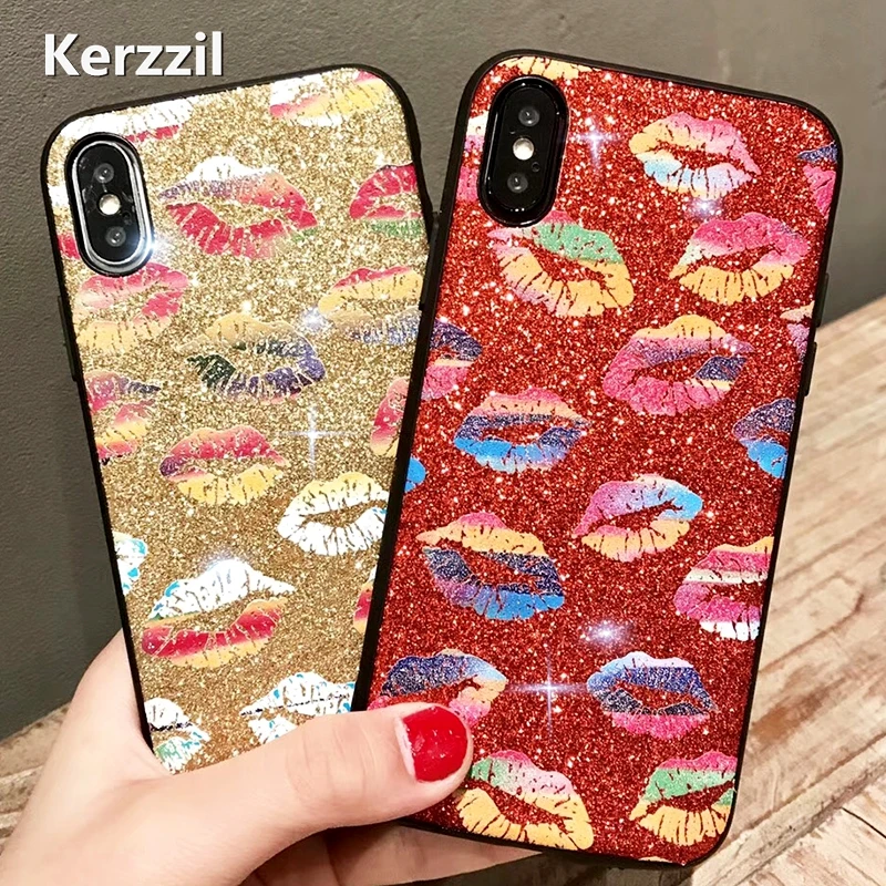 Kerzzil Fashion Red Lip Flash Powder Hard Phone Cases for iPhone 7 6 S 8 Plus TPU Soft edge Sexy Lips X |