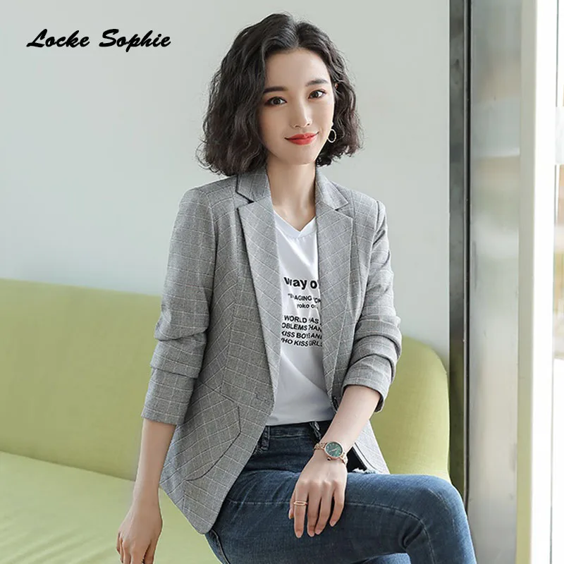 1pcs Women's Plus size Blazers coats 2019 Autumn cotton blend plaid Small pockets Small Suits jackets ladies Skinny Blazers Suit