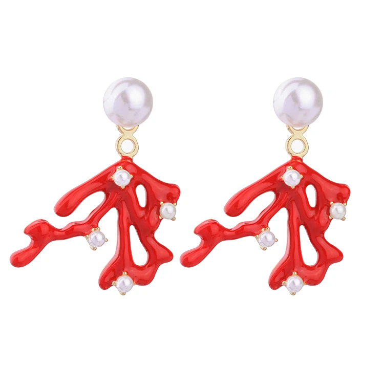

Earring stud women red coral tree branches shape white pearl ear jewelry style show front and rear combination fashion jewelry