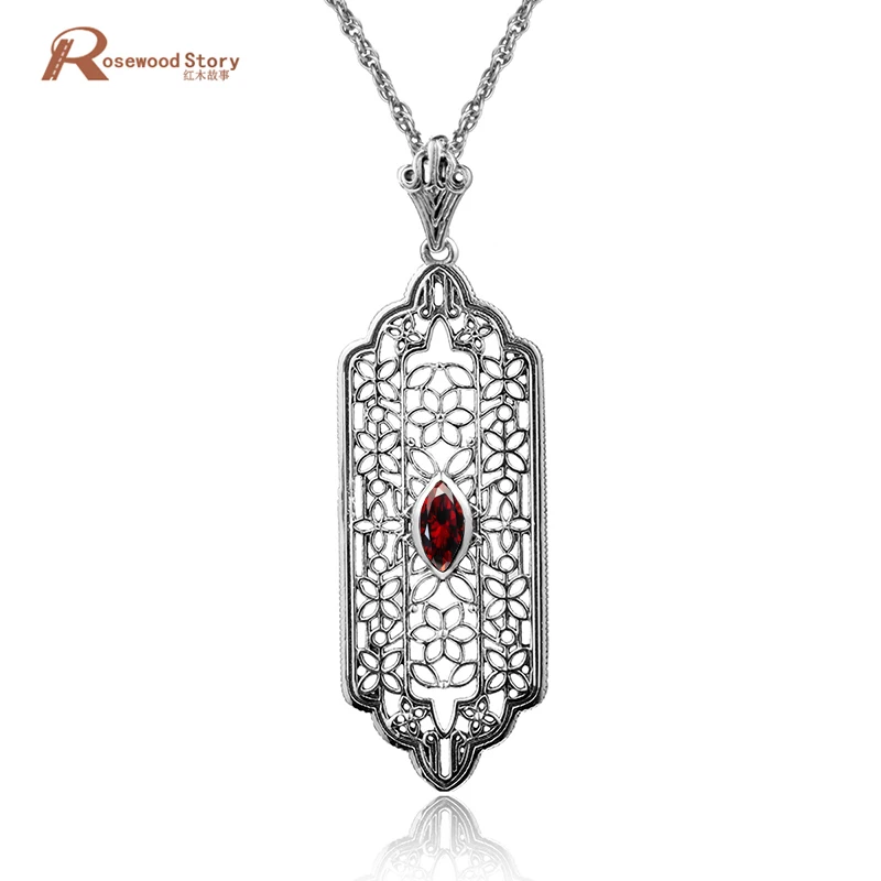 

High Quality Romantic Red Stone Crystal 925 Sterling Silver Ladies Pendant Necklaces Fashion Vintage Engagement Jewelry