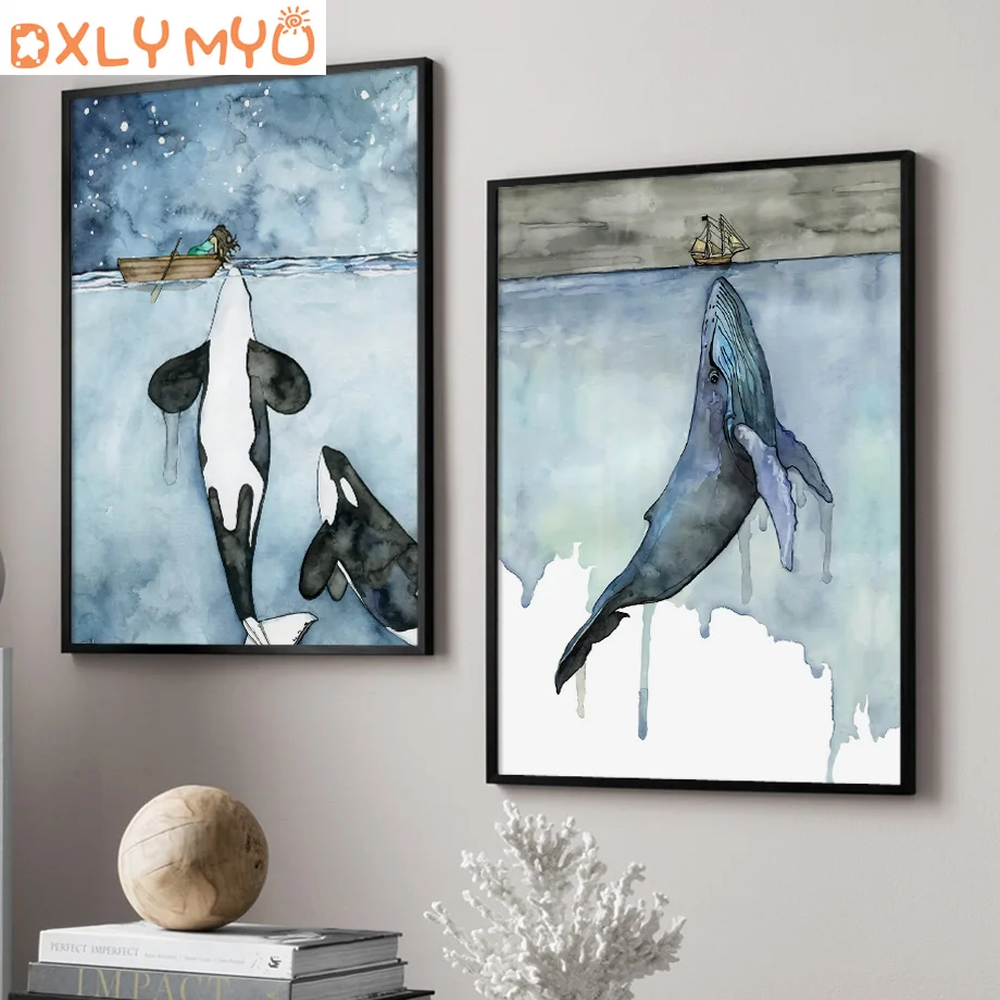 Watercolor-Whale-shark-Handdraw-Landscape-Wall-Art-Canvas-Painting-Nordic-Posters-And-Prints-Wall-Pictures-For (2)