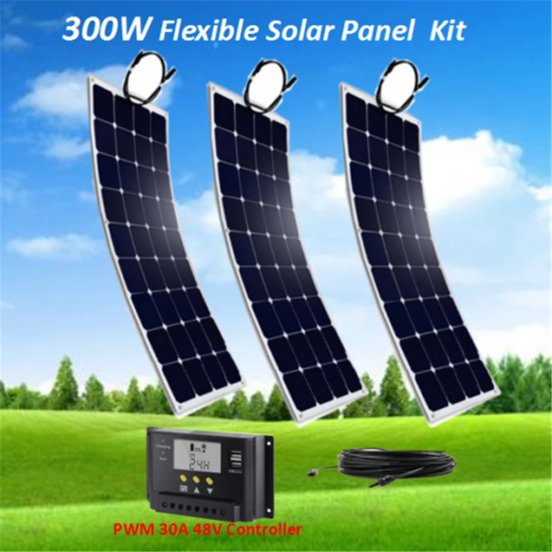 

300W System Kit for Beginner Flexible Solar Panel w/ PWM 30A 48V Solar Charge Controller 5M solar cable with MC4 connector