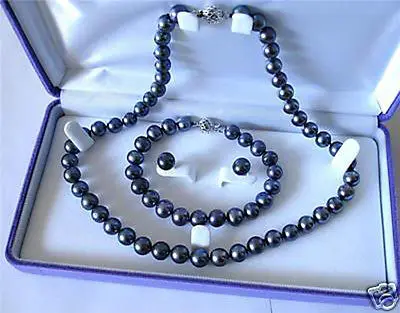 

FREE SHIPPINGpretty 7-8mm black pearl necklace&bracelet&earring sets hot