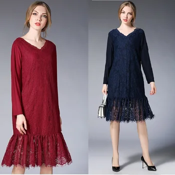 

2018 Spring fashion ladies elegant ruffled lace dress V neck mermaid dress beautiful party dress casual vestido plus size XXXXL