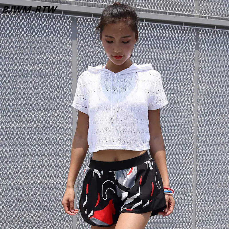 

Sexy Hollow Breathable Short Sleeve Hooded Cropped Top Women Yoga Tops Gym Quick Dry Women Cropped Fitness T-Shirt Black White