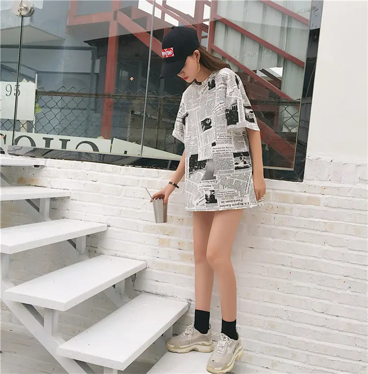 Женская летняя длинная футболка большого размера, женские повседневные свободные футболки Harajuku, корейский стиль, короткий рукав, мультяшный принт, топы