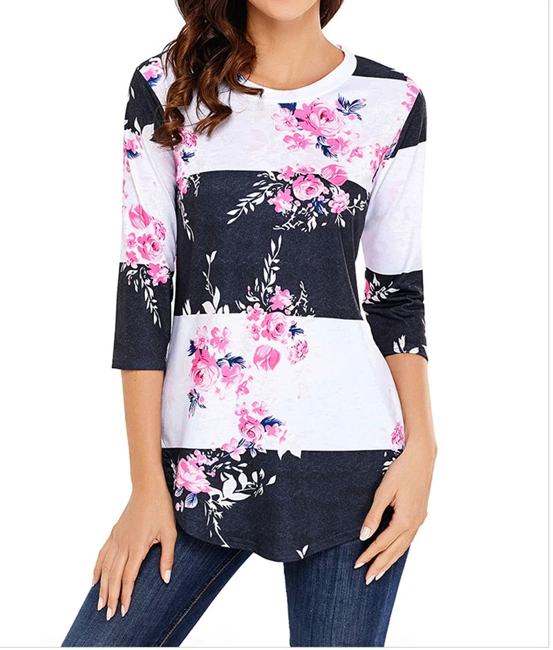 

2019 new large size printed round neck and cropped sleeve slim T-shirt