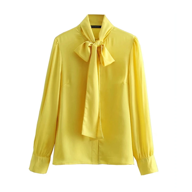 women fashion elegant bow tied long sleeve yellow casual smock blouse