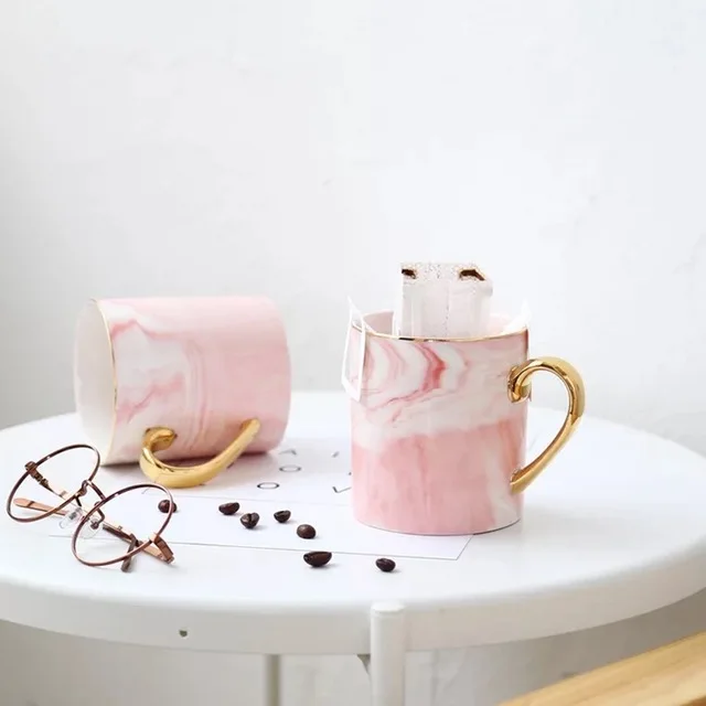 

400ml ceramic coffee marble mugs with gold handle natural marble office drinking milk mugs cups gifts