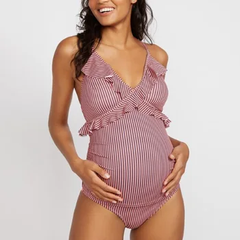 

Swimsuit Women Swimwear 2019 Summer New Maternity Women Pink Stripe Ruffled Bikinis One Piece Backless Beach Pregnant Swimwaear