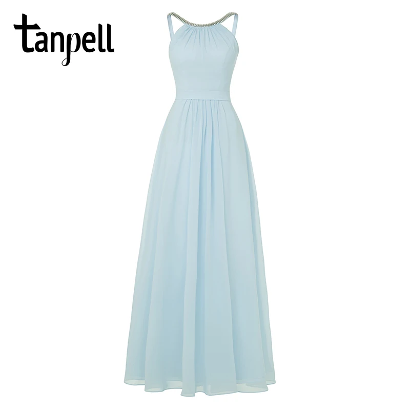

Tanpell scoop long evening dress women blue ruched sleeveless zipper up floor length dress cheap beaded a line evening dresses