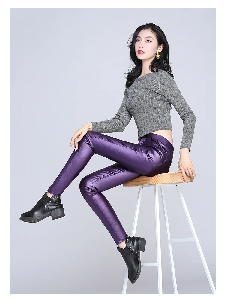 Зима весна женские бархатные pu кожаные брюки сексуальные черные эластичные обтягивающие узкие брюки женские плотные брюки из искусственной кожи