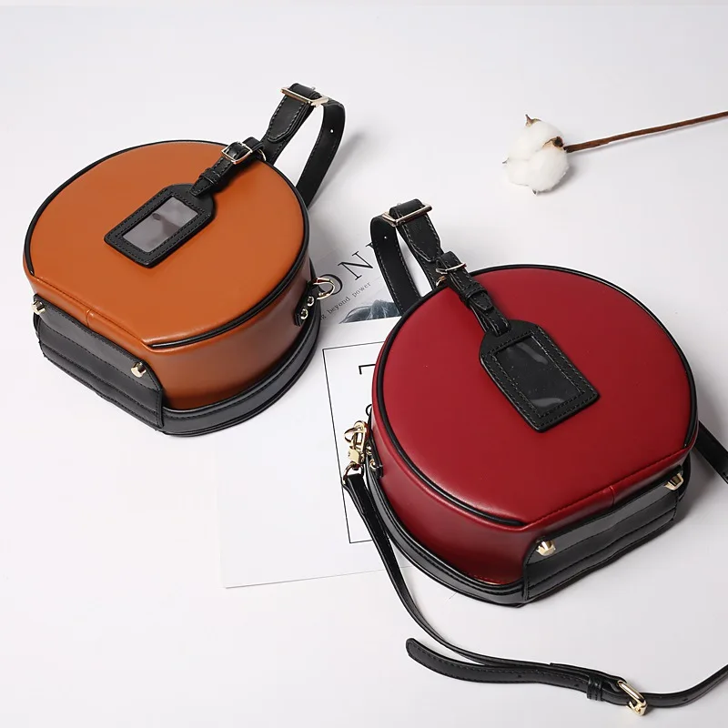 

Brand Design Women Genuine Leather Circle Top-handle Tote Bag Vintage Retro Round Ladies Famous Handbags Cow Leather Messenger