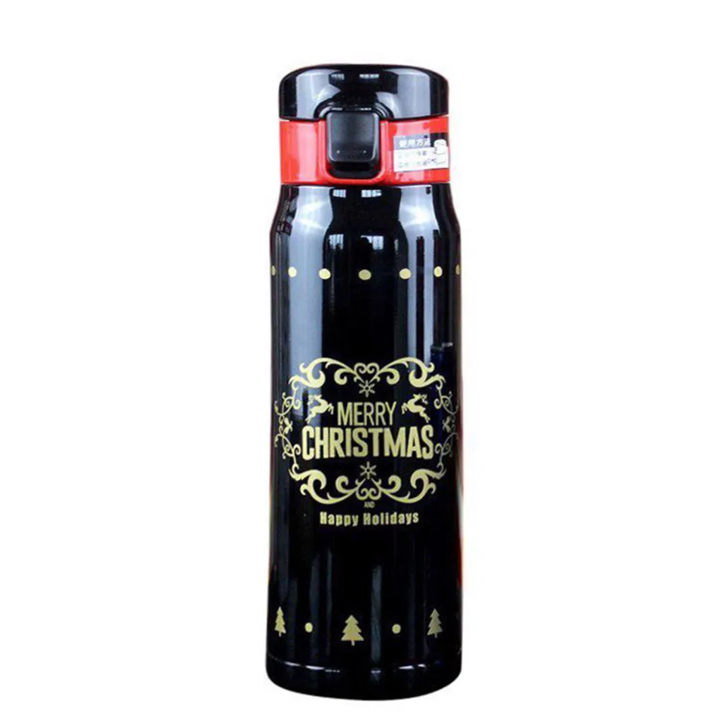 Термокружка Из Нержавеющей Стали, прыгающая крышка, вакуумная колба, дорожная кофейная кружка, Рождественская печатная бутылка для воды, Рождественский подарок на год# 40gy - Цвет: Черный