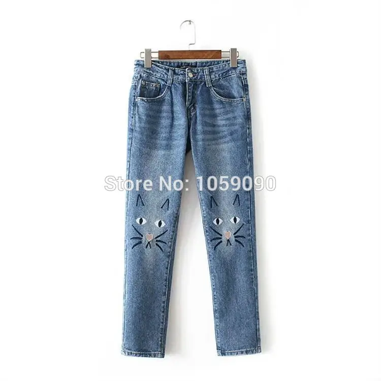 Дизайн, стильные супер милые джинсы с вышивкой Love CATS, укороченные брюки-Женские джинсы: джинсы и укороченные джинсы