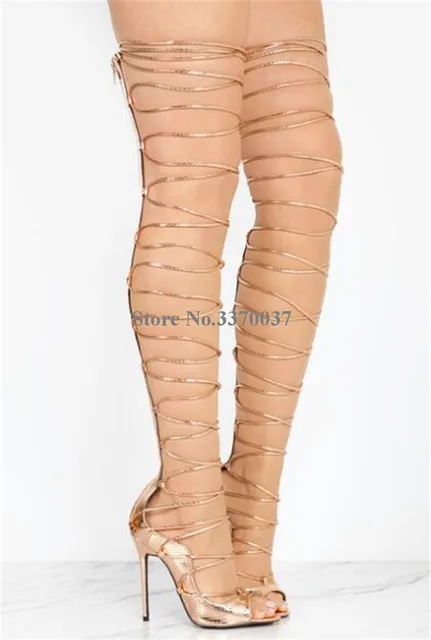 Rose Gold Metallic Knee High Lace Up Heels Jadalee | jcaarchitects.in
