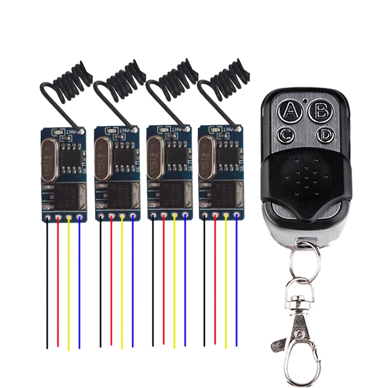 

4PCS Wireless Remote Control Switch 433mhz 3.7v 4.5v 5v 6v 9v Micro Receiver Switch+ Transmitter DC3.5V-12V Wide Voltage 1A Mos