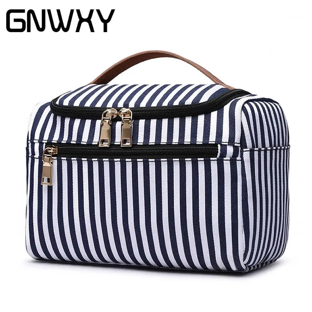 

GNWXY Multifunction Women Canvas Stripes Storage Bag Large Capacity Waterproof Travel Cosmetic Bag Beautician Folding Makeup Bag