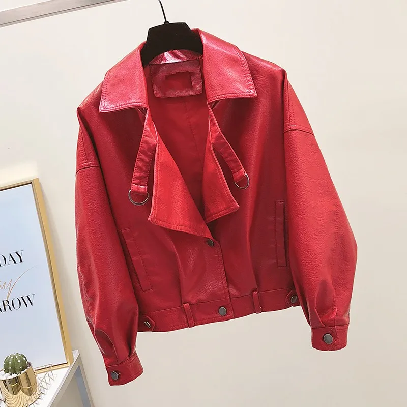 Дизайн, осенняя куртка из искусственной кожи, пальто из мягкой искусственной кожи, облегающие Мотоциклетные Куртки с заклепками и пуговицами - Цвет: Красный