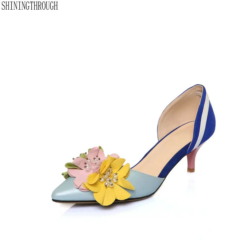 

2018 genuine leather original design thin high heels shallow women flowers luxury pumps pointed toe brand shoes woman