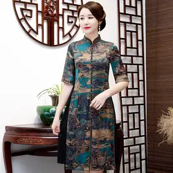 Винтаж с цветочным принтом Атлас Aodai Cheongsam благородный женский Улучшенная разделение половина китайское платье-Ципао с рукавами Vestidos