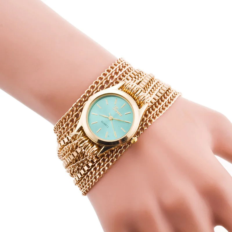 Лидер продаж Geneva бренд длинный цепной золотой браслет часы для женщин нарядные кварцевые наручные часы Relojes Mujer