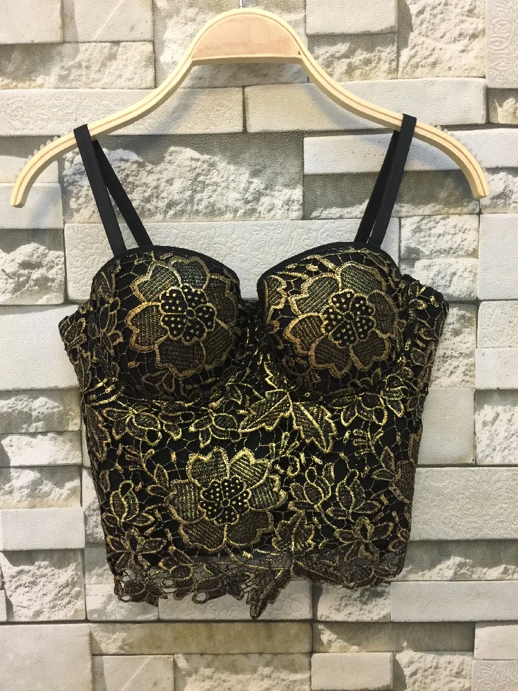 P265 New Gold Bronzing Embroidery Lace Push Up Women's Bustier Bralette Bra Cropped Tube Top