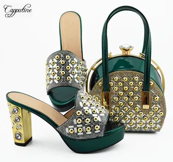 

Latest dark green shoes&bag set nice design high heel slip-on shoes with handbag set MD007 heel height 10cm