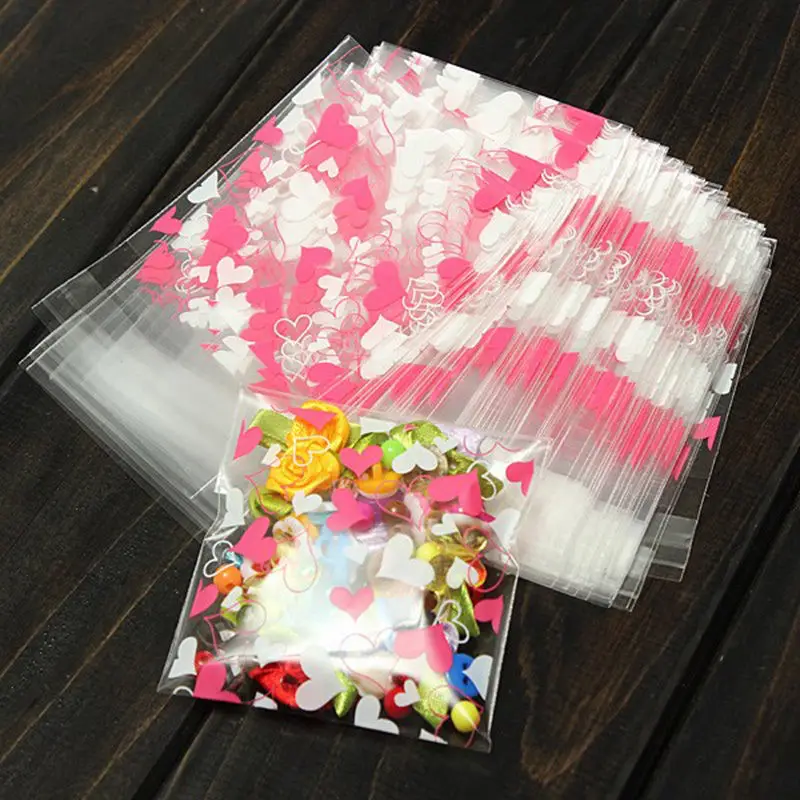 

100Pcs Mini Pink Heart Packaging Bag Clear Cellophane Cookie Sweet Package Wedding Birthday Candy Party For Gusset 7cm*7cm+3cm