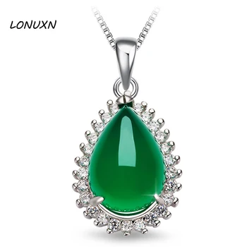 

high quality 925 Sterling silver Natural semi-precious stones drop shape green chalcedony pendant female necklace with chain