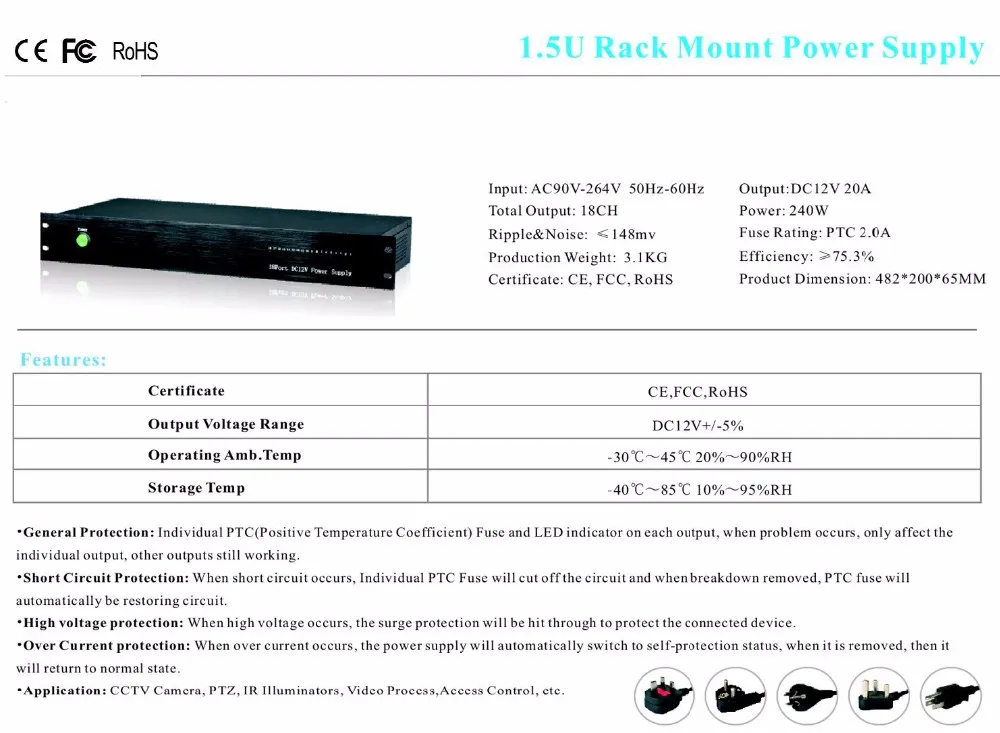Стоечные питания 18 канал блок питания выходных данных DC12V 20A для видеонаблюдения видео камер