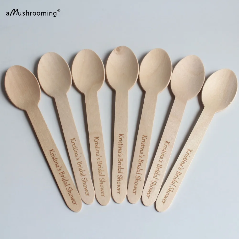 x25 Bridal Shower Personalized Pudding Cake Dessert Spoons Natural Wood