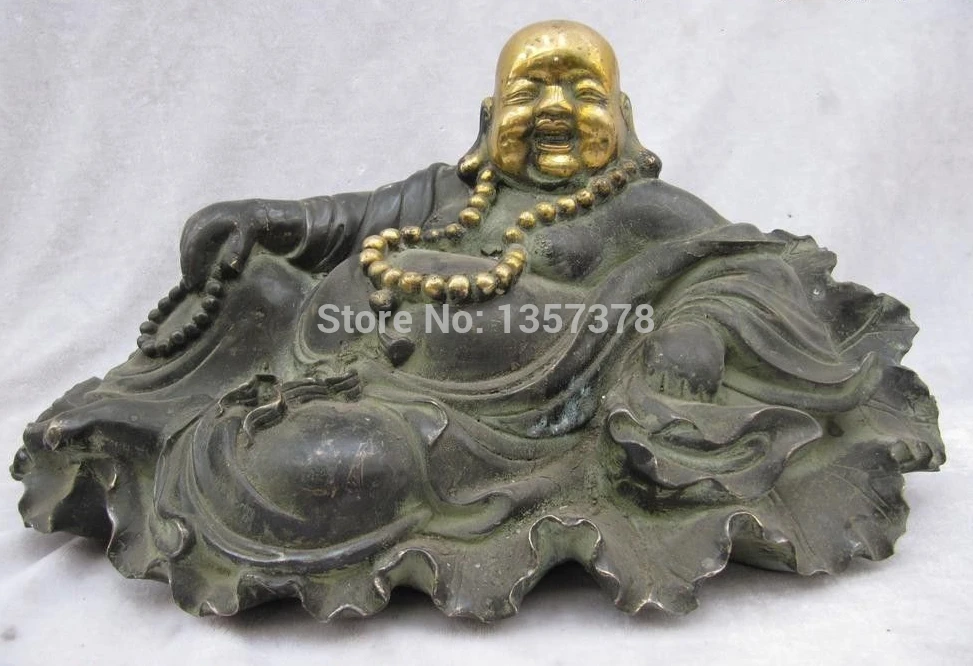 

shitou 00184 8"Chinese Folk classical Bronze Gilt Money Happy laughter Maitreya Buddha Statue