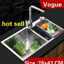 Квартира большая кухонная ручная раковина двойной паз высокой емкости мыть овощи 304 нержавеющая сталь 780x430 мм