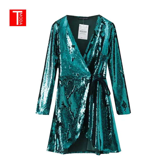 Best Offers 2019 Spring Large Size Dresses Woman Luxury Party Night Mini Dress With Sequins For Girls V Neck Womens Dresses Long Sleeve