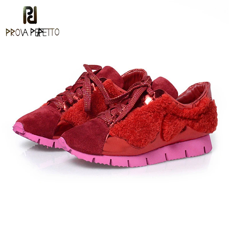 

Prova Perfetto 2017 Winter Newest Styles Genuine Leather With Real Wool Fur Flat Casual Shoes Fashion Lace-Up Thick Bottom Shoes