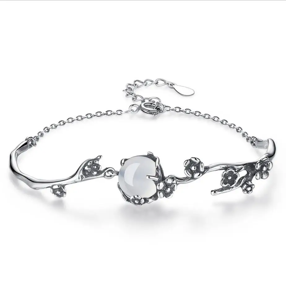 100% 925 Sterling Silver Branches Plum Flower Charm Bracelets &amp Bangles For Women Do The Old Craft Vintage Jewelry | Украшения и