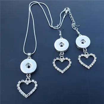 

Rhinestone Heart Charms Necklace Earrings Jewelry Set 45cm Length Snake Chain 18mm Snap Buttons Pendant 12 sets / Lot