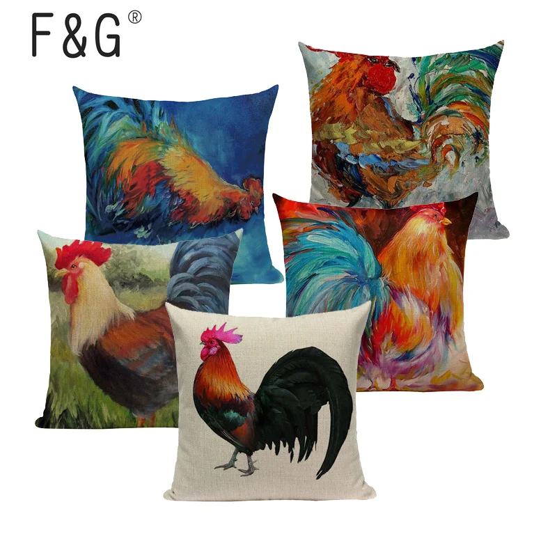 

Colorful Oil Painting Cock Rooster Cushion Cover Fashion Decorative Car Sofa Linen Cotton Decorative Pillows 45CMx45CM